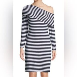 Club Monaco Skarlie One Shoulder Long Sleeve Dress Women Navy White Stripe Med